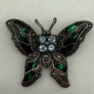 Antique Style Butterfly Brooch with Green and Blue Gems Sterling Silver marked